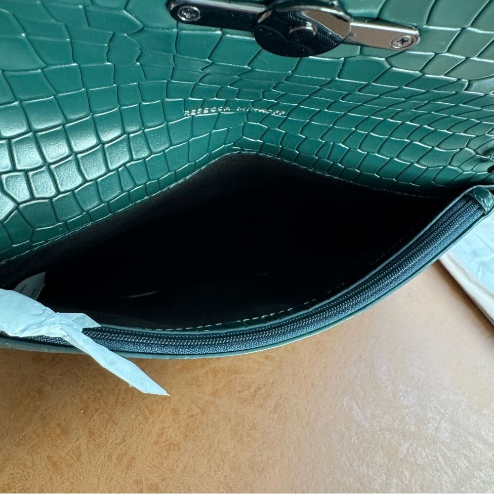REBECCA MINKOFF LOU CROC EMBOSSED CLUTCH BOTTLE GREEN W GUNMETAL HARDWARE NWT - Picture 7 of 12
